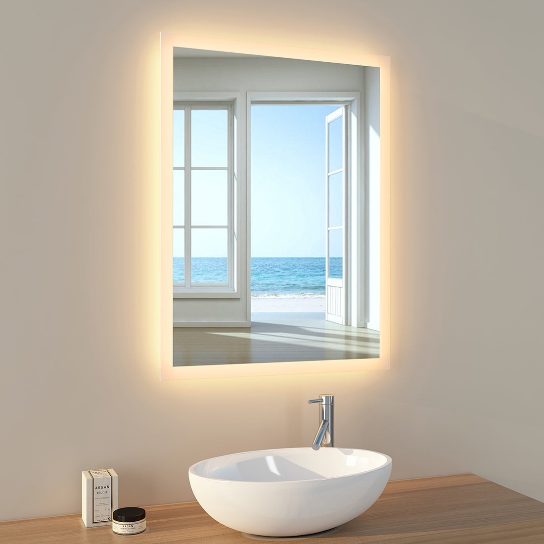 EMKE Badezimmerspiegel mit Lichtern – 80 x 60 cm – beleuchteter Spiegel für Badezimmerwand