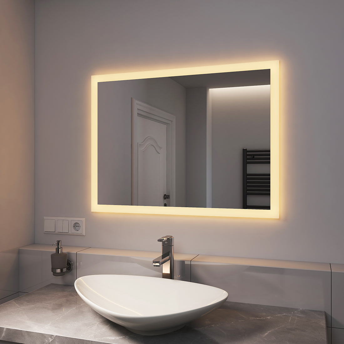 EMKE LED Spiegel 80 x 60 cm – Badspiegel mit Beleuchtung Wandschalter – 3000K warmweiß