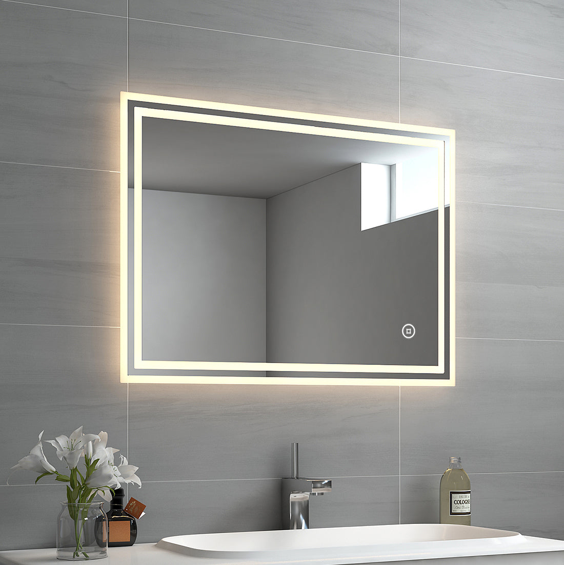 EMKE Badspiegel LED 60 x 80 cm – Touch – Dimmbar – 3 Lichtfarben – Antibeschlag – IP44