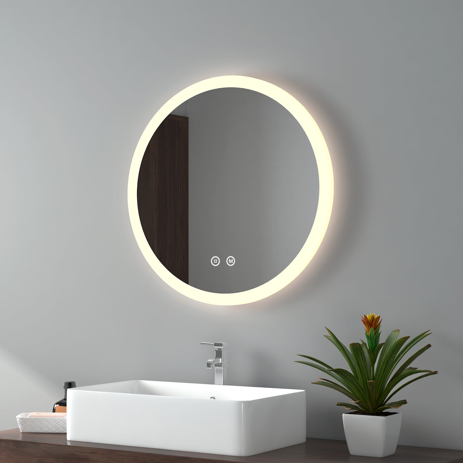 EMKE Wandspiegel Badezimmer Rund „LeeMi γ Pro“ mit 3 Lichtfarben, Dimmung, Touch-Schalter, Antibeschlag, 60x60cm