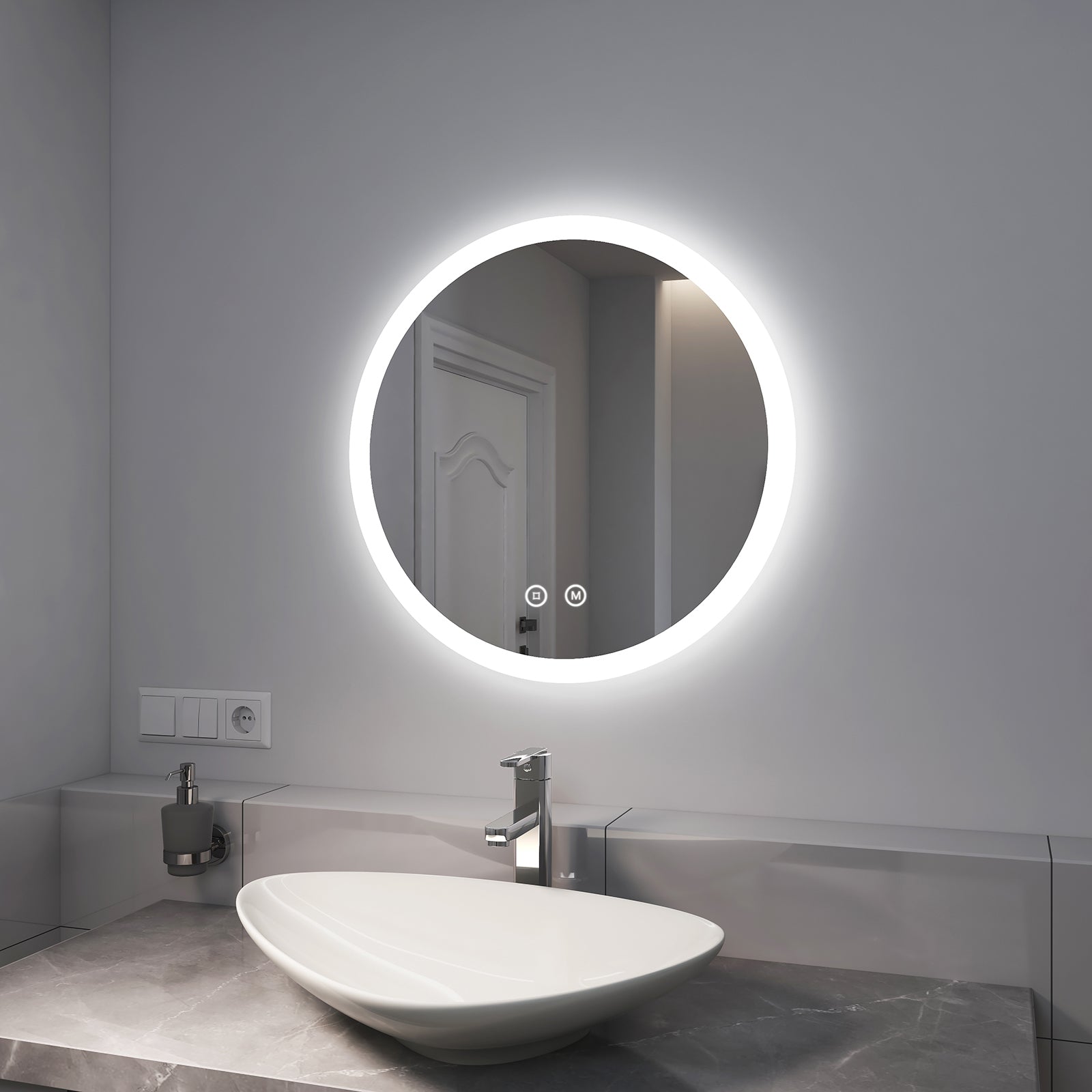 EMKE LED Badspiegel Rund „LeeMi γ Pro“ mit Touch-Schalter, 3 Lichtfarben, Dimmung, Antibeschlag, 60x60cm