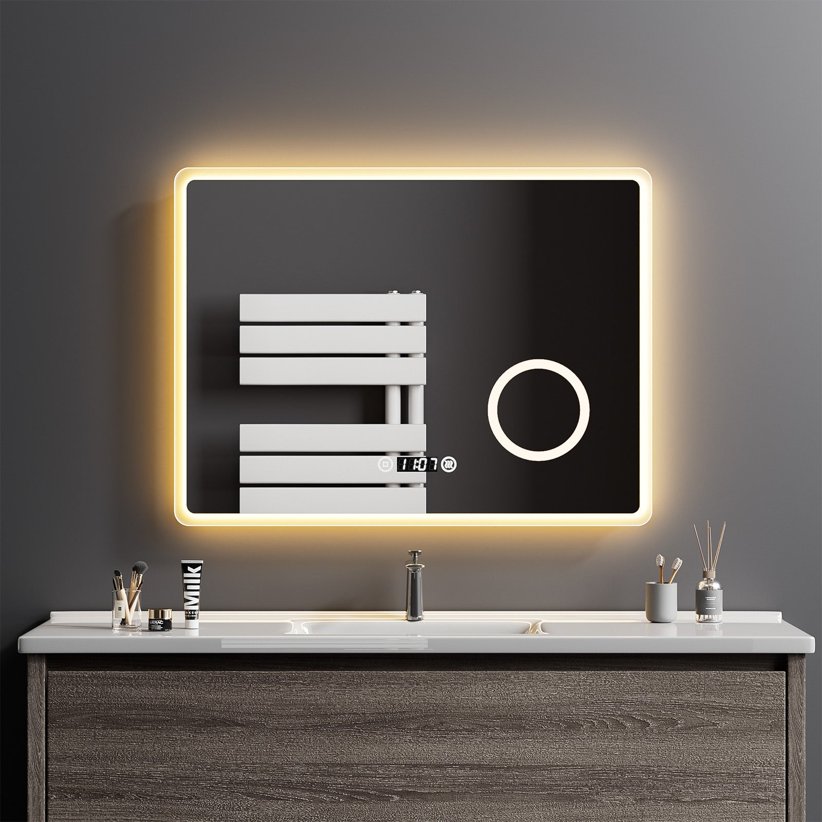 EMKE „LeeMi πX Plus“ Wandspiegel mit Beleuchtung 80 x 60 cm mit Schminkspiegel, Touch-Schalter, Antibeschlag, 3 Farben, Uhr, Dimmung