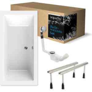 Aquasu Komplettset Acryl-Badewanne 180 x 90 cm liDano Rechteckbadewanne höhenverstellbare Wannenfüße Excenter-Ablaufgarnitur Duowanne Badewannen-Set