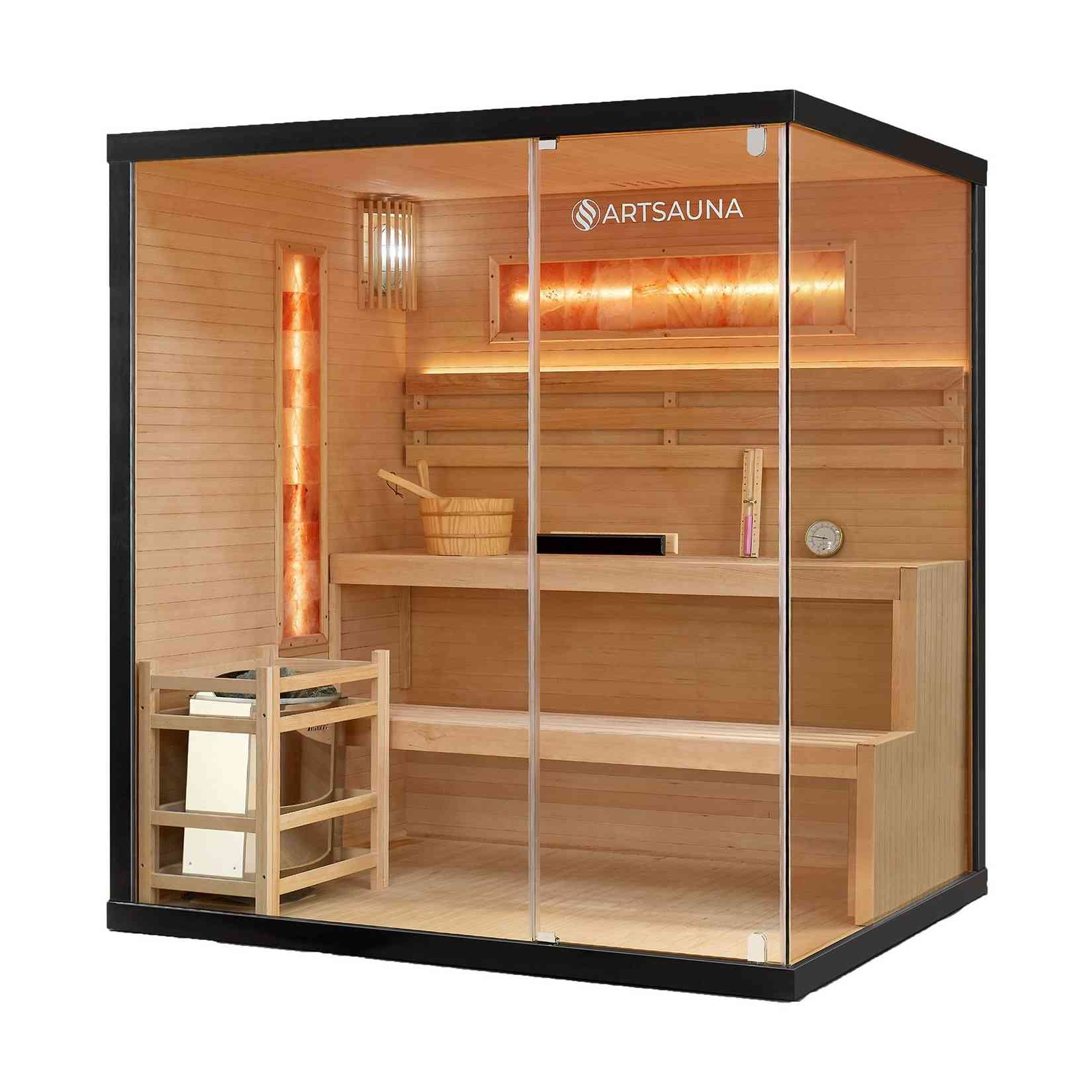Artsauna Saunakabine Vantaa 175 mit Salzstein - Indoor Sauna für 4 Personen, 8 kW Ofen, Glasfront