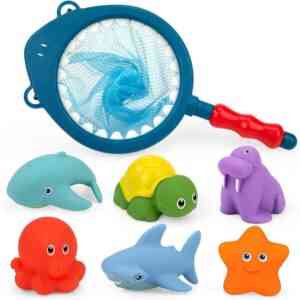 Baby Badespielzeug, 7 Stück Wasserspielzeug Badewanne oder Swimmingpool Schwimmtiere mit Fischernetz