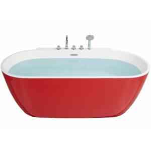 Badewanne Rot Acryl Oval 170x80 cm Freistehend mit Armatur Überlauf Ablauf mit Klickverschluss Skandinavisch Modern Badezimmer Ausstattung - Weiß
