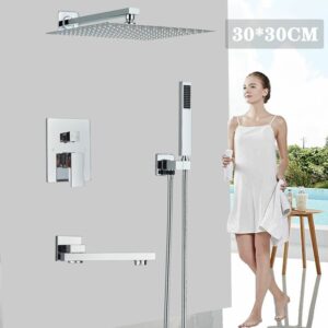 Duschsystem Unterputz Duscharmatur Set Chrom 12 Zoll Regendusche Duschset mit Kopfbrause Handbrause 3 Funktionen für Badewannen