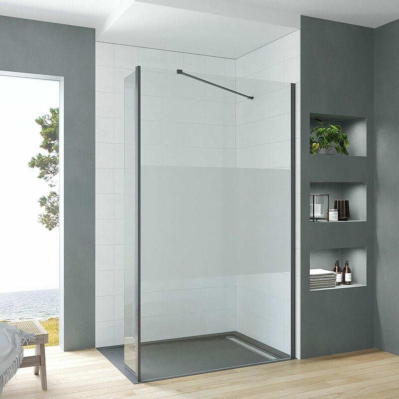 Duschwand in modernem Design mit schwingbaren Flügel für Walkin Dusche, aus 8mm Nano Einscheibensicherheitsglas teilsatiniert, Aluminiumprofile
