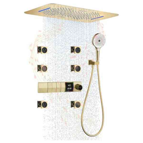 Esip - Musik Duschset mit Thermostat, 4 Funktionen 64 Farben led Duschsystem Unterputz, 580 x 380 mm großer Duschkopf aus Edelstahl, Hand dusche, 6