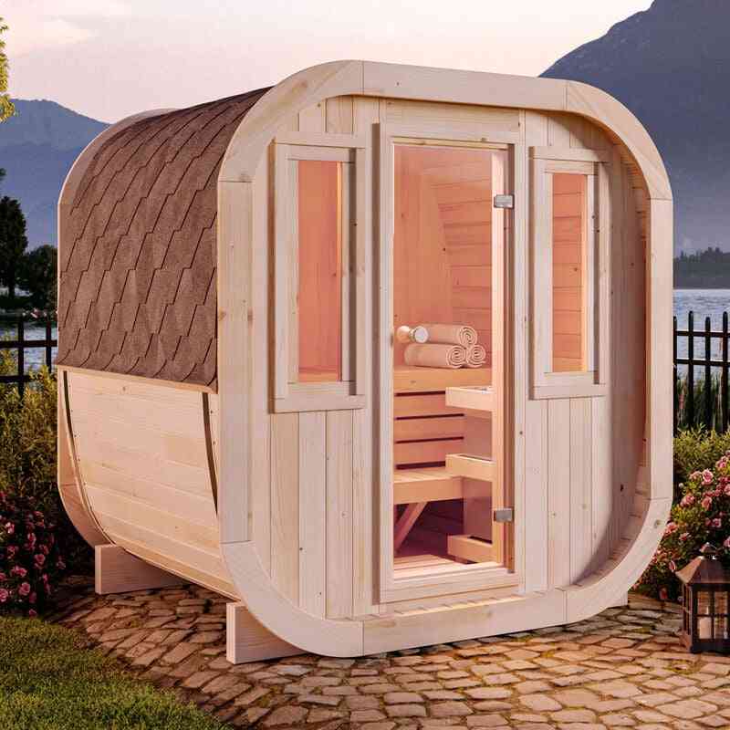 Fasssauna ScandiCube Mini xs, Moderne Outdoor Sauna inkl. Dacheindeckung und Fußboden, ø 214 x 160 cm, Ausführung: Thermoholz, 2 Fenster
