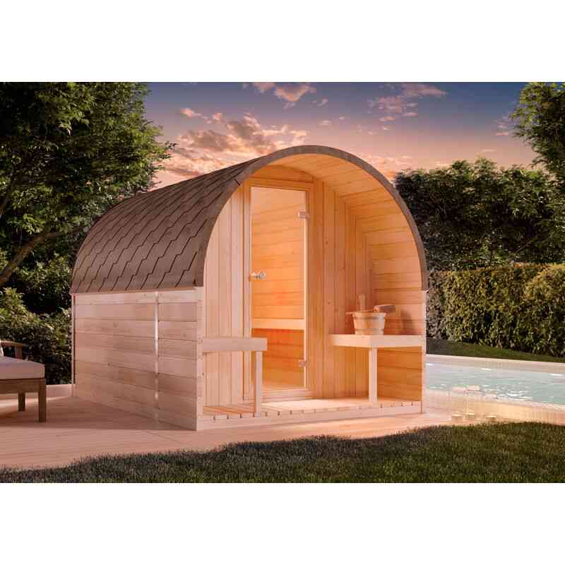 Fasssauna aus Holz ScandiPod Outdoor-Sauna mit Terrasse - Premium 204 x 285 cm - Thermoholz - Naturbelassen - Finntherm