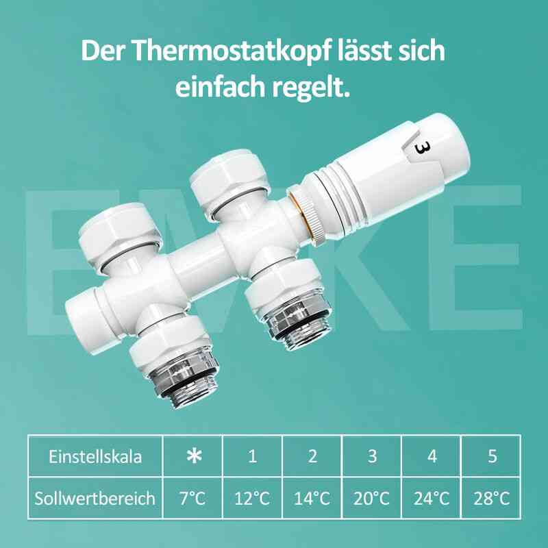 Hahnblock Thermostatventil Multiblock Set Heizkörper Mittelanschluss Eck- und Durchgangsform φ16xG1/2' Weiß - Emke
