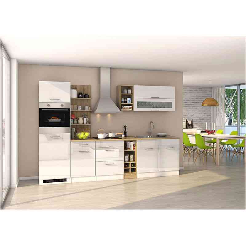 Küchenzeile 300 cm weiß MARANELLO-03 inkl. E-Geräte, Weiß Hochglanz mit E-Geräten b x h x t ca. 300 x 200 x 60cm - weiß