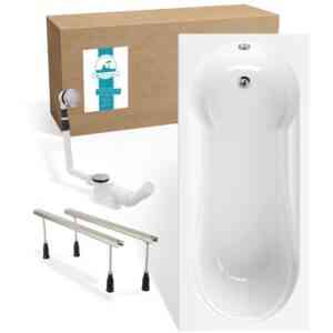 Rechteck Badewannen-Set 180x80 cm mit Wannenfüßen & Ablaufgarnitur, Acrylwanne Modern Small 2 mit integriertem Duschbereich, Set Badewanne komplett,