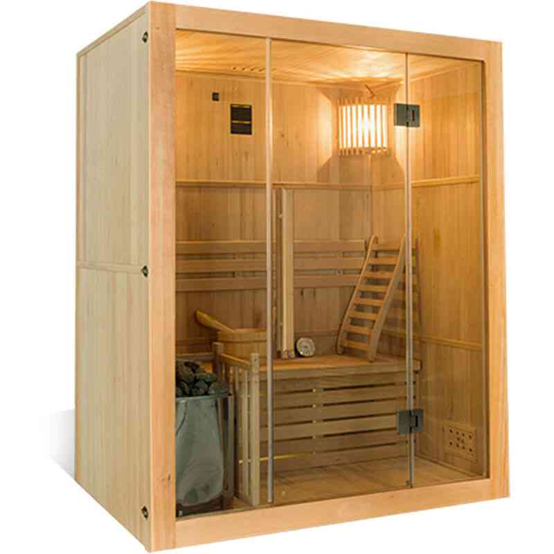 Sense 3-Sitzer traditionelle finnische Sauna France Sauna mit Zubehörpaket und Glasfront