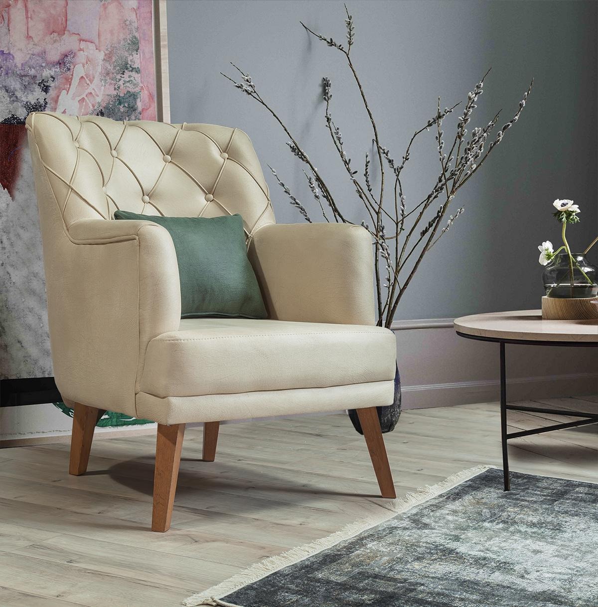 Wohnzimmer Sessel Möbel Modern Stoff Lounge Textil Kunstleder beige