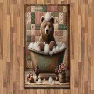 Teppich Flachgewebe Deko-Teppiche für das Wohn-,Schlaf-, und Essenszimmer, Abakuhaus, rechteckig, Rustikal Lustiger Grizzlybär verwitterte Badewanne