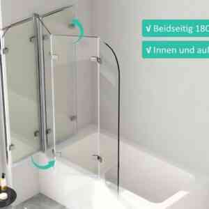 WDWRITTI Badewannenaufsatz 3 teilig Duschwand für Badewanne 140 x 140 Faltwand 180° Faltbar, (Badewannenfaltwand milchglas klarglas, Schwarz, Chrom), Rechts-und Links montierbar, mit Bohren