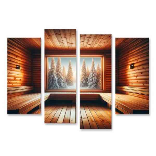 islandburner Leinwandbild Warme finnische Sauna mit Winterlandschaft im Fenster