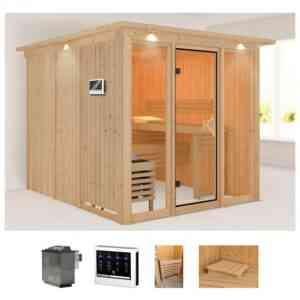 welltime Sauna Artja, BxTxH: 240,5 x 248 x 202 cm, 68 mm, (Set) naturbelassen, mit Ofen 9 kW Bio ext. Steuerung