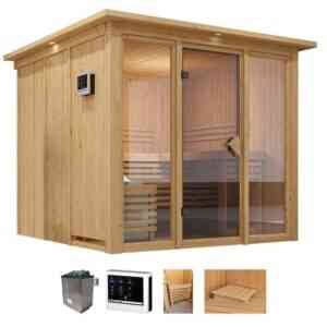 welltime Sauna Artja, BxTxH: 240,5 x 248 x 202 cm, 68 mm, (Set) naturbelassen, mit Ofen 9 kW ext. Steuerung