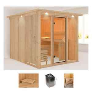 welltime Sauna Artja, BxTxH: 240,5 x 248 x 202 cm, 68 mm, (Set) naturbelassen, mit Ofen 9 kW integr. Steuerung