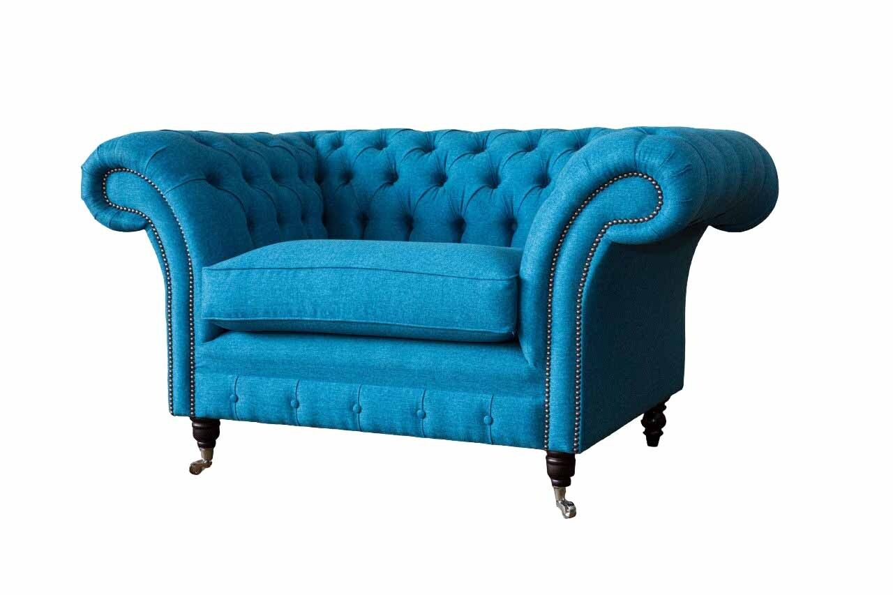 Blauer Chesterfield Sessel Polster Sofa Couchen 1,5 Sitzer Einsitzer Textil