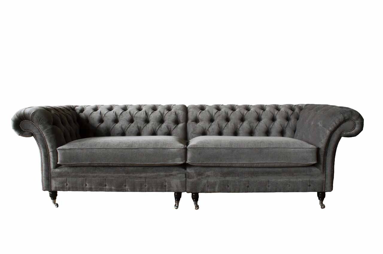Chesterfield Viersitzer Sofa 4 Sitzer Sofas Stoff Polyester Grau Möbel