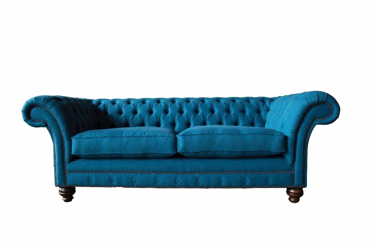 Chesterfield Sofa 3 Sitzer Couch Polster Sofas Stoff Wohnzimmer Blau Textil