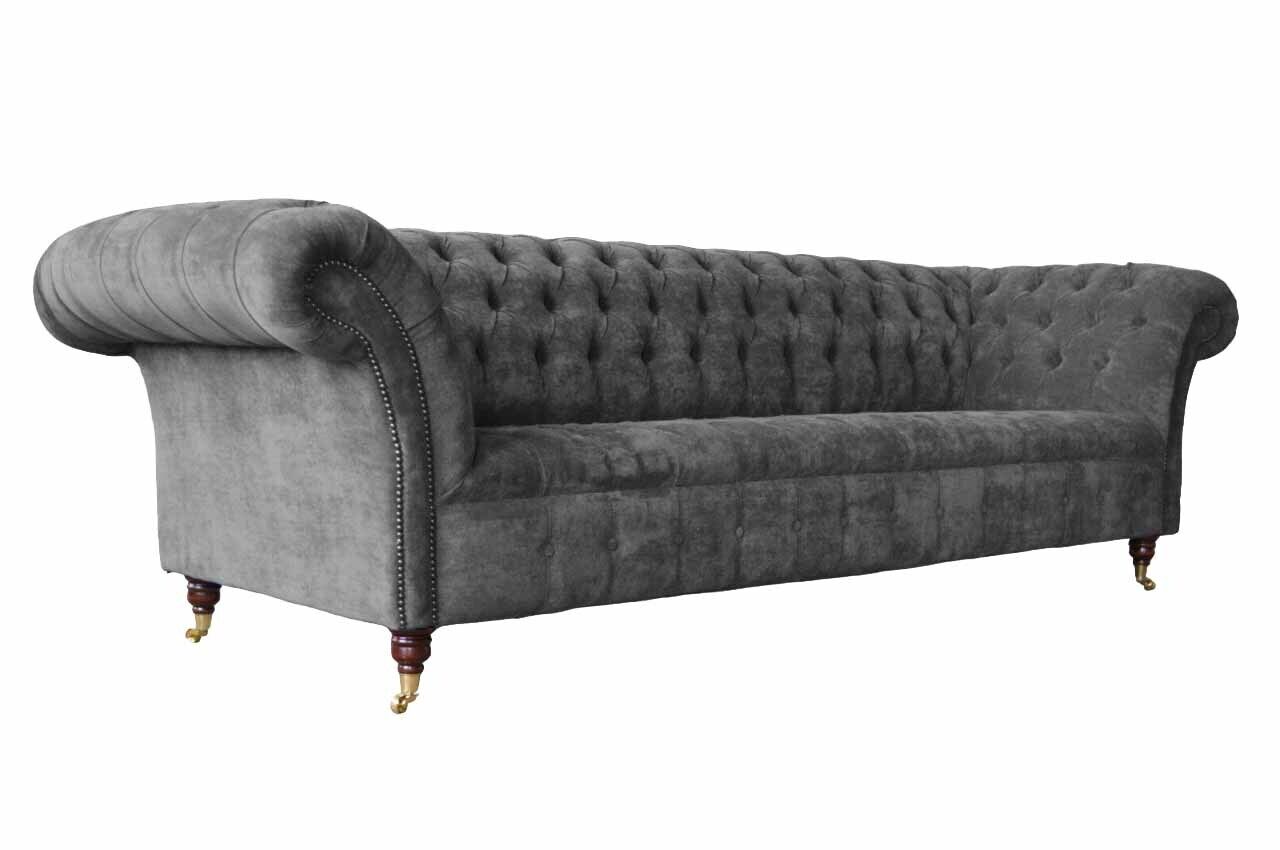 Chesterfield 3 Sitzer Couch Polster Sitz Textil Stoff Grau Couchen Sofa