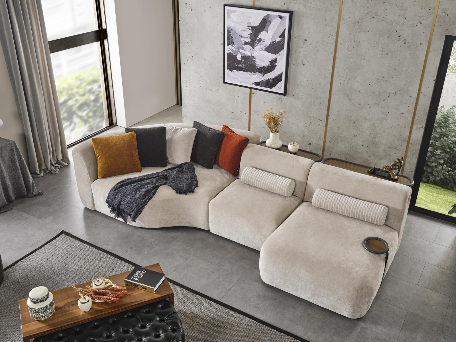 Ecksofa L Form Design Couch Holz mit Textil Polster neu Möbel weiß