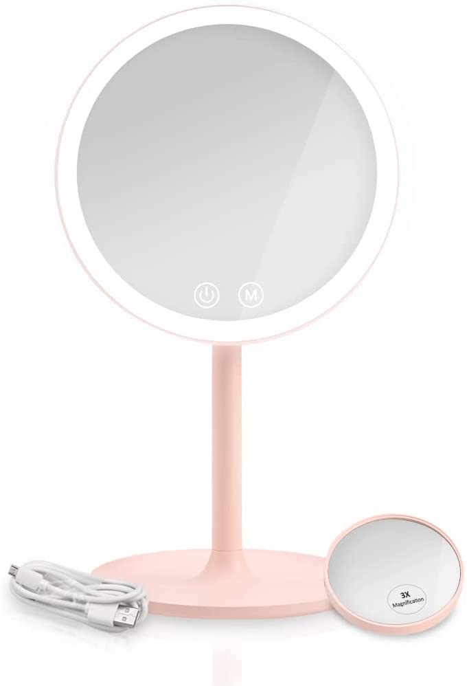 EMKE Kosmetikspiegel mit Licht, wiederaufladbar, 3 Lichtfarben, 1X/3X-fache Vergrößerung, 90° drehbar, Touch-Schalter, Memory-Funktion, hellblau/rosa/violett/weiß Rosa