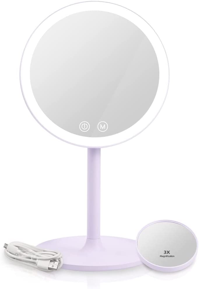 EMKE Kosmetikspiegel mit Licht, wiederaufladbar, 3 Lichtfarben, 1X/3X-fache Vergrößerung, 90° drehbar, Touch-Schalter, Memory-Funktion, hellblau/rosa/violett/weiß Violett
