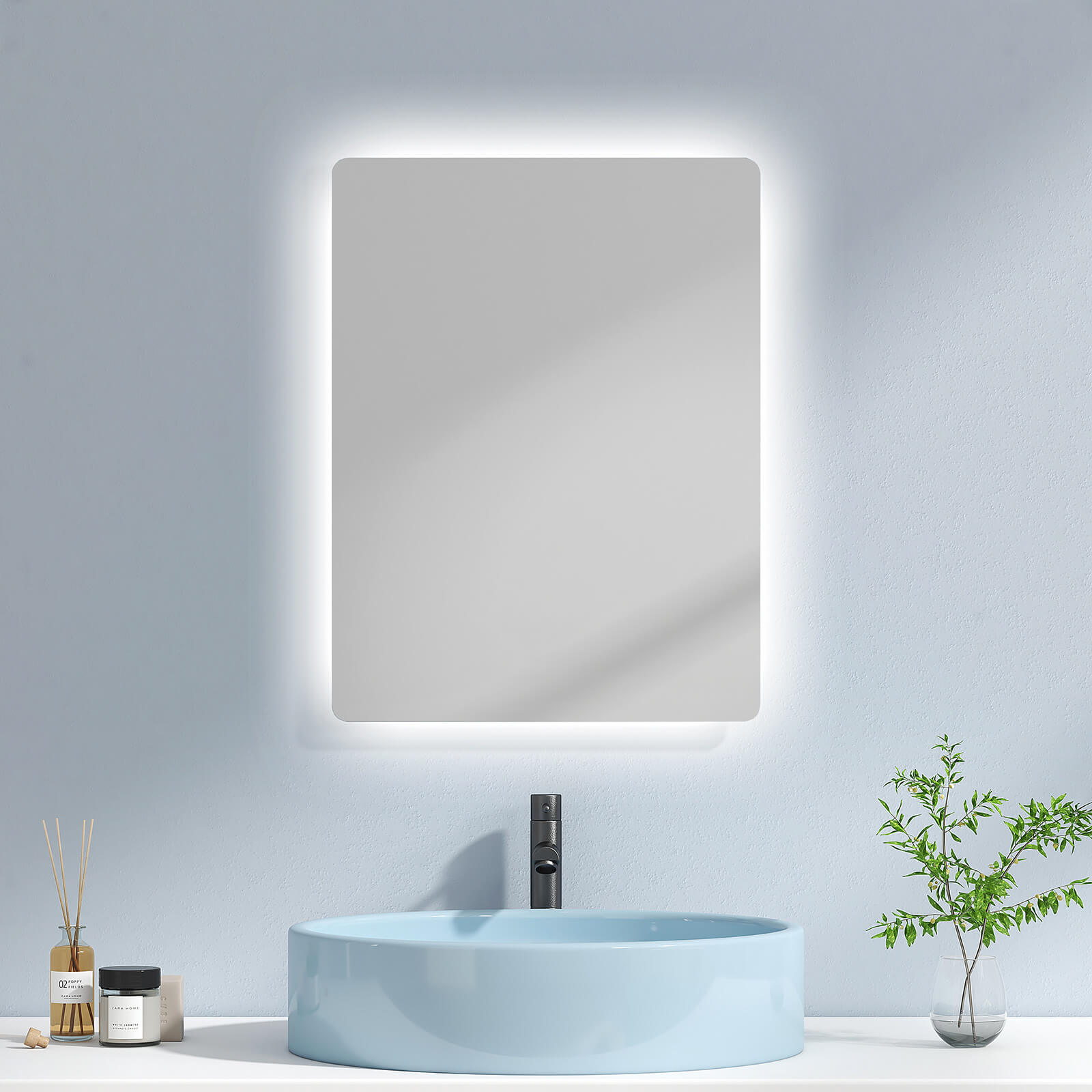 EMKE Badspiegel „LM09“ Badezimmerspiegel mit integrierter Beleuchtung und vielseitigen Funktionen, rechteckig 45×60+knopfschalter+2 Lichtfarben(3000/6500)K+Anti-beschlag