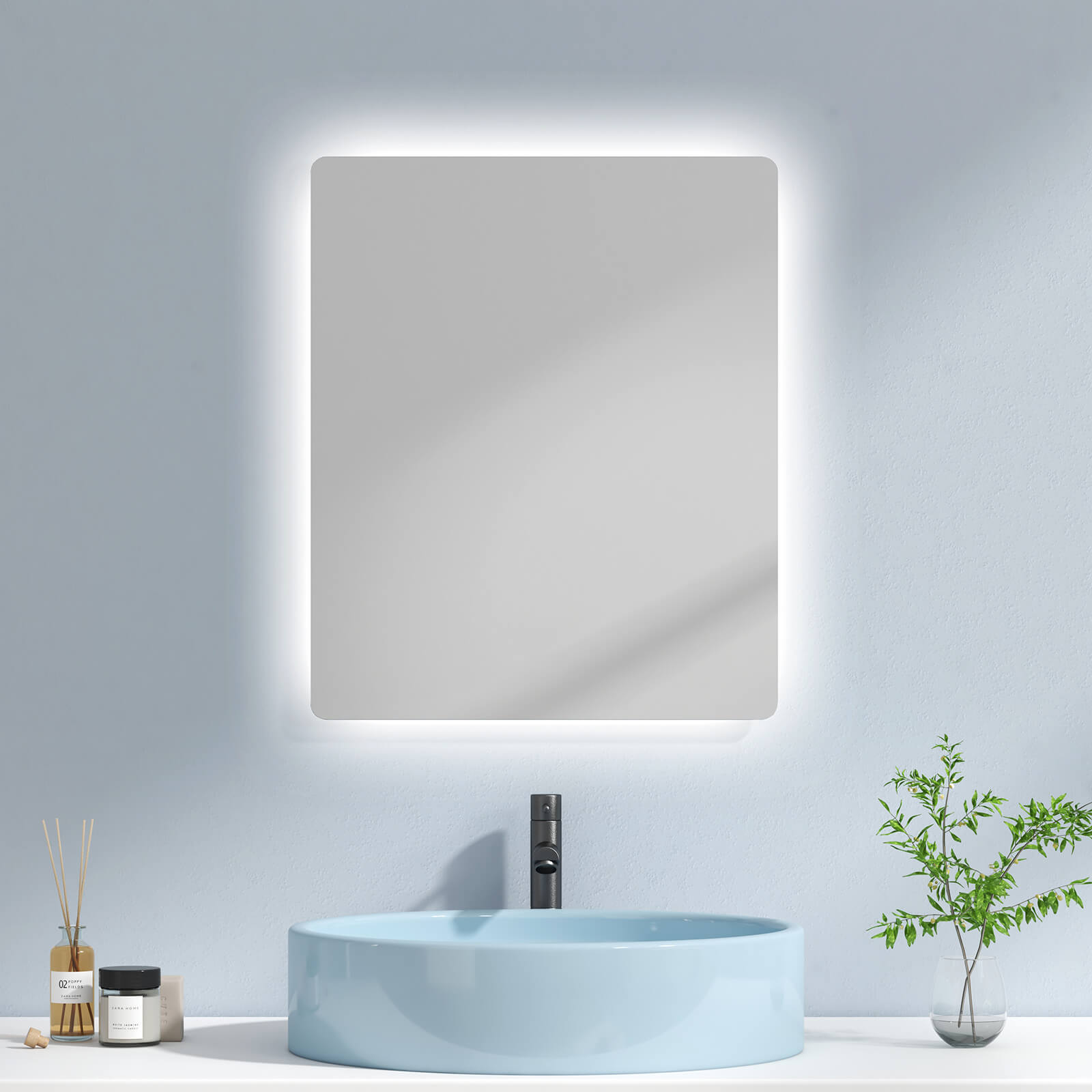 EMKE Badspiegel „LM09“ Badezimmerspiegel mit integrierter Beleuchtung und vielseitigen Funktionen, rechteckig 50×60+knopfschalter+2 Lichtfarben (3000/6500K)+Anti-beschlag