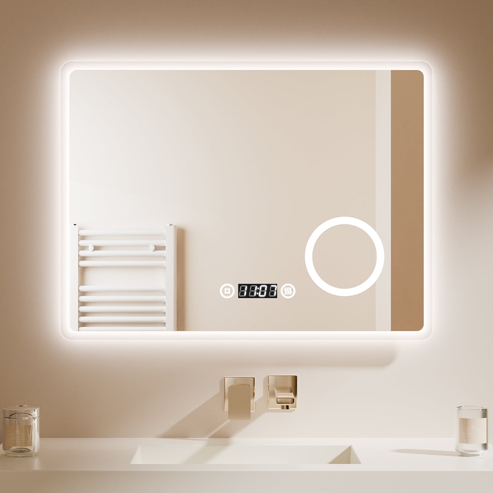 EMKE Badspiegel „LeeMi πX Plus“ 60*80cm mit Beleuchtung 3000K/4000K/6500K Touch+Dimmbar+Beschlagfrei+3x Kosmetikspiegel+Digitaluhr