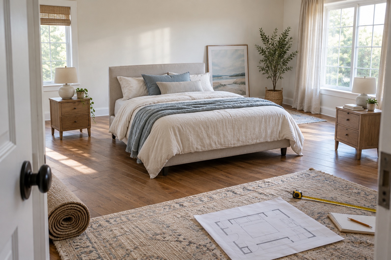 Schlafzimmer mit Bett, Maßband und Grundriss während der Umgestaltung