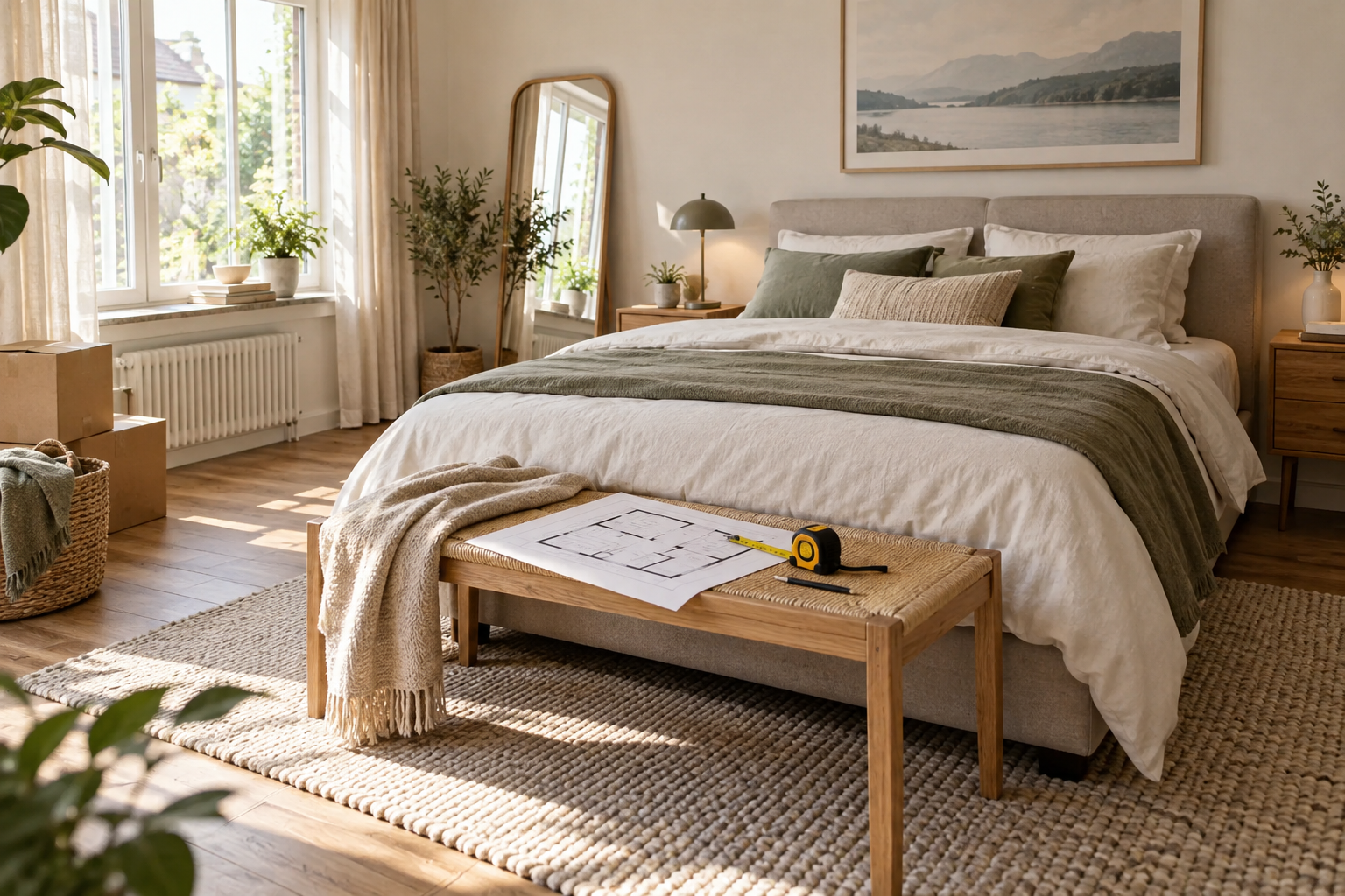 Neu geplantes Schlafzimmer mit Bett, Maßband und Grundriss