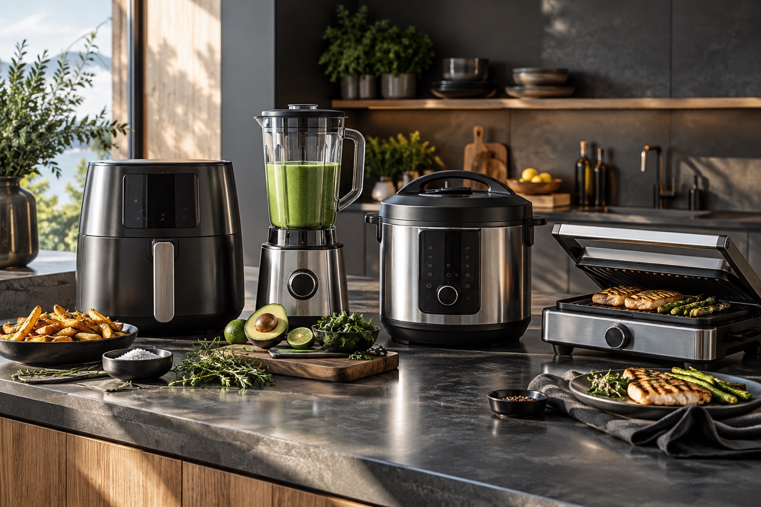 Heißluftfritteuse, Mixer, Multikocher und Kontaktgrill in einer modernen Küche