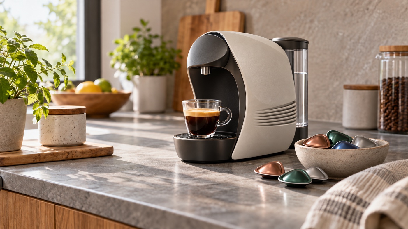 Fiktiv gestaltete Kapselmaschine mit abgerundet dreieckigen Kaffeekapseln